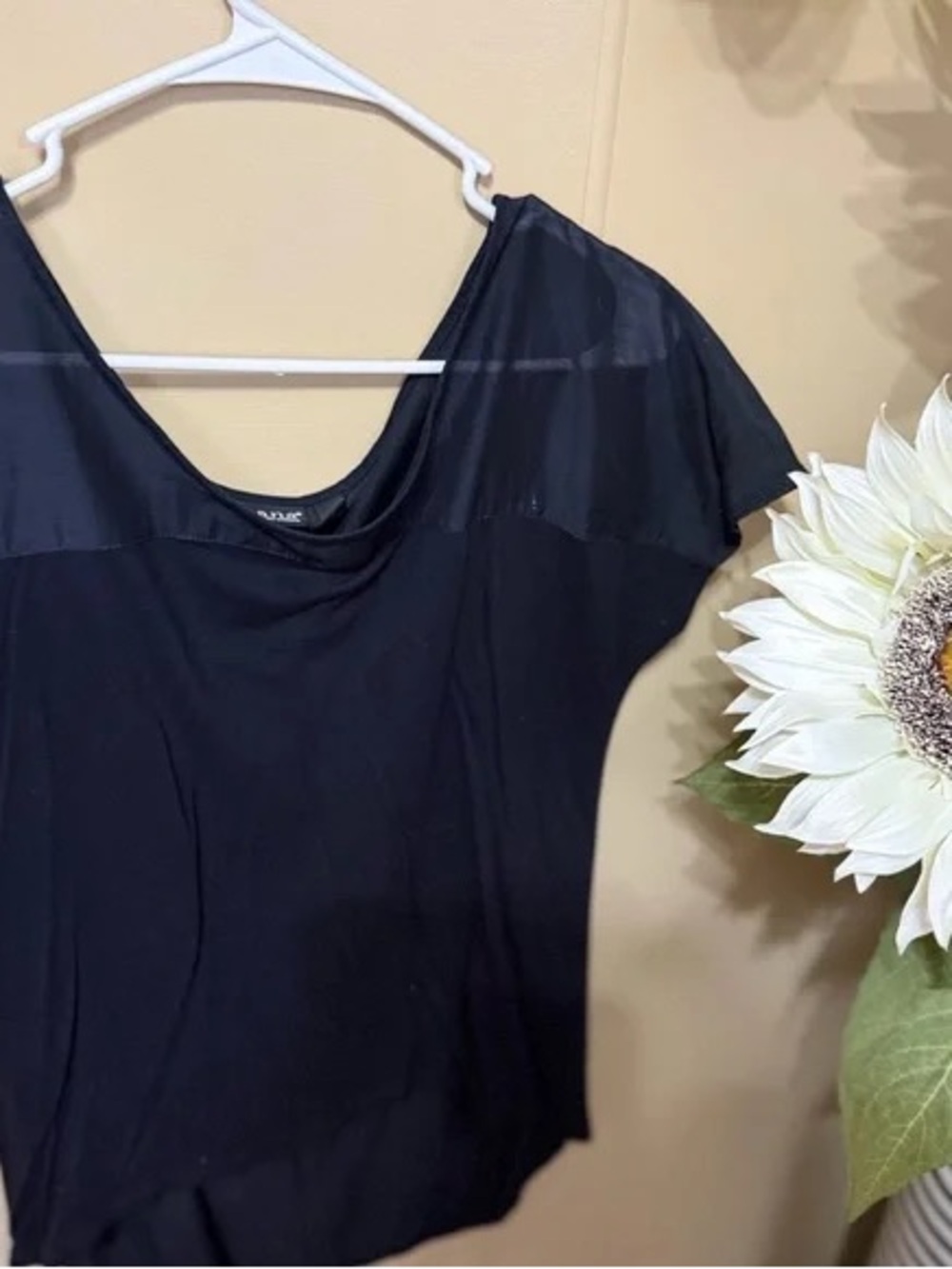 a.n.a Black Short Sleeve Scoop Neck Top with Mesh Yoke
